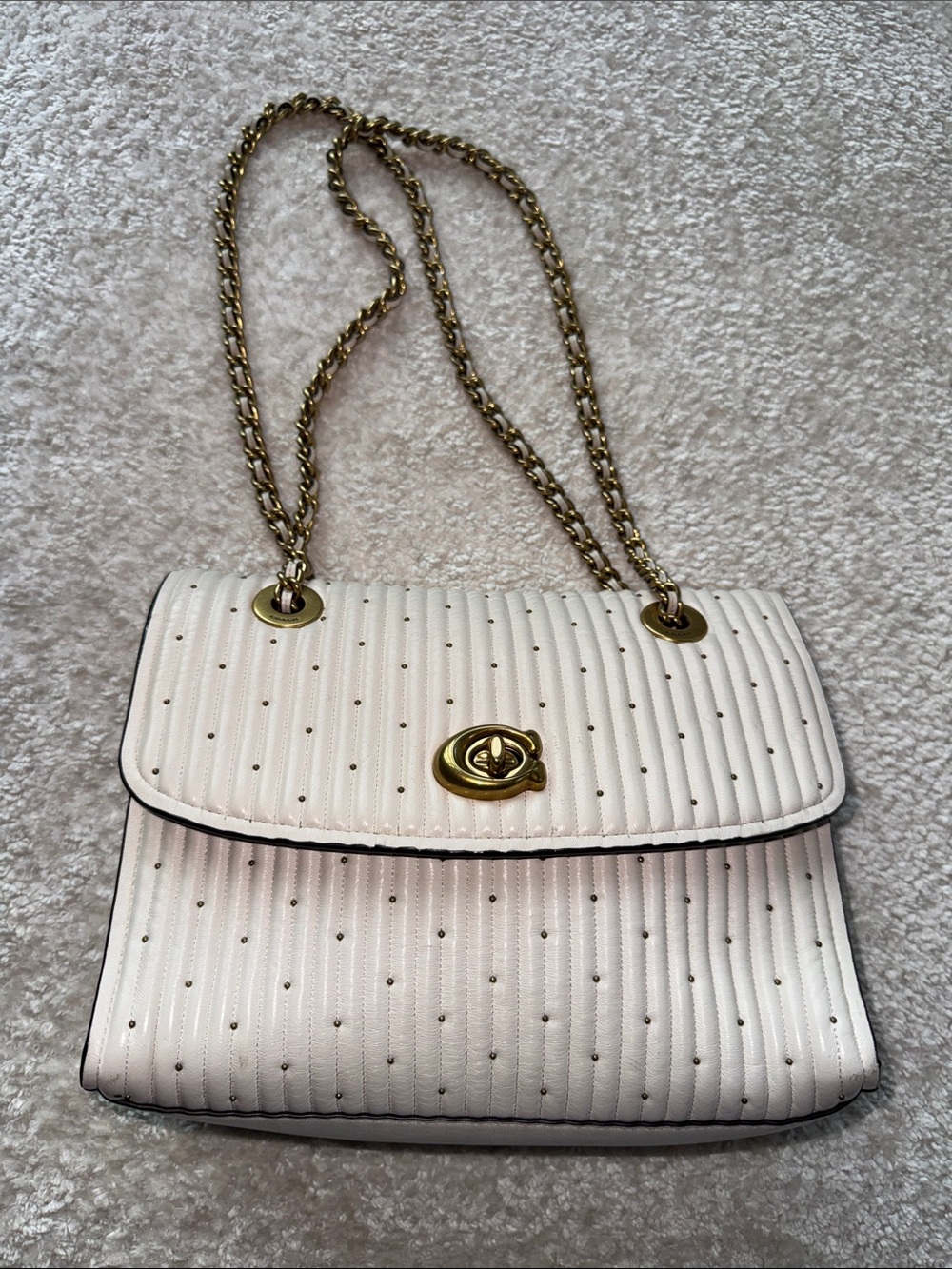 Coach Cream Quilted Shoulder Bag with Gold Chain